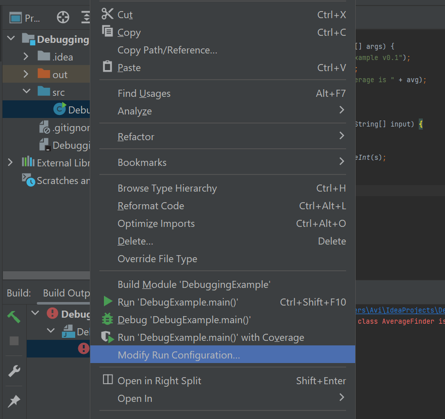 modify run configuration